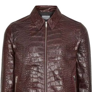 Chaqueta de Cuero Genuino con Grabado de Cocodrilo para Hombre, Cuello Alto, Cierre Frontal con Cremallera, Transpirable, Estilo Motero, Corte Regular para Invierno - Product Image 3
