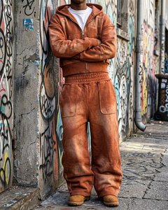 Ensemble deux pièces pour homme en coton délavé à l'acide, style streetwear décontracté, comprenant un sweat à capuche zippé oversize et un pantalon de survêtement. - Product Image 5