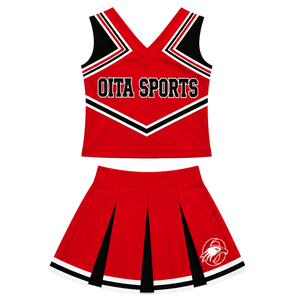 Uniforme de cheerleading imprimé rouge vif, noir et blanc pour adultes, débardeur court à col en V sans manches et jupe plissée pour équipe de danse de performance - Product Image 1