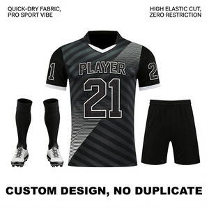 Ensemble de maillot de football personnalisé, noir rayé, col en V, manches courtes, évacuation de l'humidité, uniforme unisexe pour adultes avec short, chaussettes et chaussures - Product Image 6
