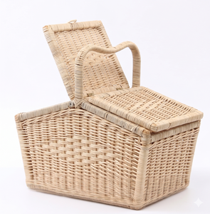 Natural Rattan Picnic <b>Basket</b> With Double Lids Handmade Woven Willow Hamper For Outdoor Camping Storage - Product Image 3