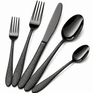 Ensemble de couverts en acier inoxydable noir 4 pièces avec finition polie miroir et poignées à motif damier, ensemble de couverts modernes pour la salle à manger - Product Image 6