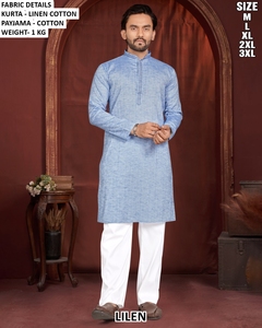 Ensemble Kurta Payama pour homme en coton avec broderie Chikankari, longueur au sol, séchage rapide, bleu clair et blanc, coupe classique, tenue décontractée traditionnelle indienne - Product Image 2