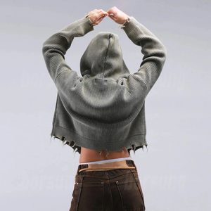 Sweat à capuche zippé en maille côtelée verticale épaisse pour homme, avec logo lettre OEM, ourlet brut effiloché et effet usé, idéal pour le streetwear - Product Image 4