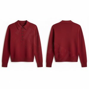 Polo en gros élégant marron en maille avec col boutonné, doux et confortable, à manches longues, décontracté, en coton et polyester - Product Image 6
