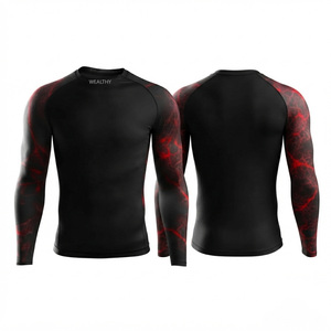 Men <b>Compression</b> Rash Guard Long Sleeve Sports Jersey Printed Fitness <b>Shirt</b> MMA Training Top Black Red Pattern Fitted Crew Neck - Product Image 1