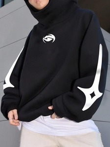Sudadera con capucha para hombre, de algodón y forro polar, gruesa, extragrande, con hombros caídos, efecto desgastado, bordado gráfico, estilo streetwear. - Product Image 2