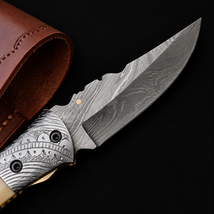 Cuchillo Plegable de Acero de Damasco Hecho a Mano con Mango de Hueso y Funda de Cuero, Hoja Recta de Punta Caída, Multifuncional, Cuchillo de Caza OEM - Product Image 2
