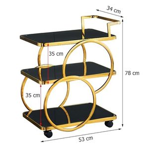 Chariot de bar à 3 niveaux en verre noir avec finition dorée, chariot à boissons roulant, mobilier de bar de luxe pour la maison, chariot de service de boissons contemporain - Product Image 2