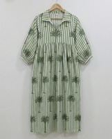 Robe midi trapèze 100 % coton imprimée à la main pour femme, motif floral bohème, idéale pour le bureau, écologique, taille naturelle, coupe régulière, douce et respirante