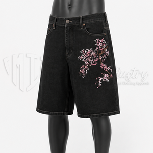Shorts en jean noirs personnalisés pour hommes, brodés de fleurs, style Bermuda, baggy, streetwear - Product Image 3