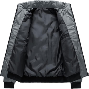 Chaqueta de Invierno Acolchada Gris para Hombre, Cuello Alto, Cierre de Cremallera Frontal, Resistente al Viento, Corte Regular, Color Sólido, Ropa Exterior de Poliéster - Product Image 3