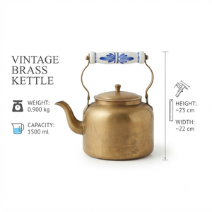 Bouilloire à thé vintage en laiton, artisanale, avec poignée en céramique bleue et blanche à motifs floraux, pour faire bouillir l'eau, rétro, pour hôtels et restaurants, fournitures de boissons - Product Image 5