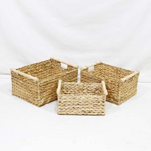 Top Rated Eco-Friendly Braided Water Hyacinth <b>Rectangular</b> <b>Storage</b> <b>Baskets</b> Set 3 Cubes Wood Dowel Home Bathroom Organization - Product Image 1