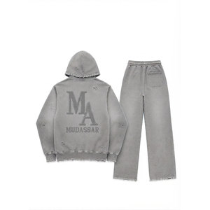 Mudassar Khaki Acid Washed Beaded Tracksuit Set Cotton Polyester Hoodie Joggers Loose Fit 380 Gsm Casual <b>Heat</b> Transfer Print <b>Log</b> - Product Image 5