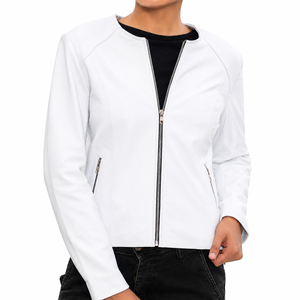 Blouson moto en peau de mouton véritable blanc pour femme, manches longues, fermeture éclair, col rond, décontracté, couleur unie, coupe classique, automne - Product Image 2