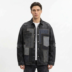 Veste en jean noir uni pour homme, classique, en pur coton, boutonnée, avec deux poches à rabat, respirante, durable, pour le travail quotidien - Product Image 2