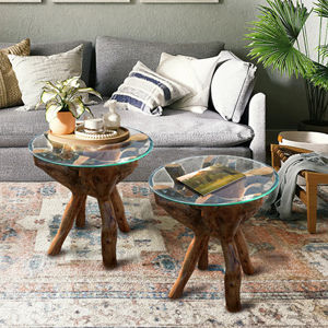 Mesa de Comedor de Raíz de Teca de Madera Sólida Exótica de Indonesia con Cubierta de Vidrio, Juego de Muebles de Comedor para Exteriores Ecológicos de Estilo Antiguo - Product Image 2