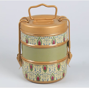 Turquoise brass tiffin <b>box</b>, 3 tier floral painted food carrier, antique botanical metal lunch <b>box</b>, available at wholesale prices - Product Image 2