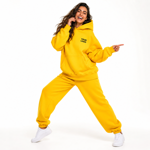 Ensemble de survêtement ample à épaules tombantes avec broderie de patch tissé personnalisé, en mélange de polyester et polaire, capuche à cordon de serrage et poignets élastiques, Weather New - Product Image 1