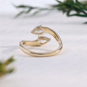 Pear Cut <b>Ring</b> Yellow Gold Two Stone Engagement <b>Ring</b> Bypass Stacking Band Trendy Bridal <b>Fine</b> Jewelry - Product Image 3