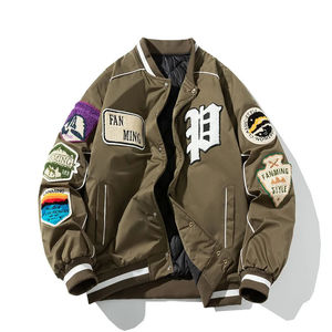 Chaqueta Varsity Bordada para Hombre, Cortavientos, con Parches, de Poliéster, Cuello Alto, Cierre de Cremallera, Ropa Exterior Informal de Invierno - Product Image 1