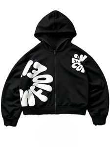 Mens Black Oversized Zip Up Hoodie Puff Bubble Letter Graphic Print Baggy <b>Streetwear</b> Hooded Jacket <b>Y2K</b> Hip Hop Aesthetic Hooded - Product Image 1