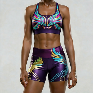 Conjunto de Yoga de 2 Piezas: Top Corto con Espalda Cruzada y Cuello Redondo, y Pantalones Cortos de Cintura Alta, Sin Costuras, de Secado Rápido, en Spandex y Poliéster - Product Image 1