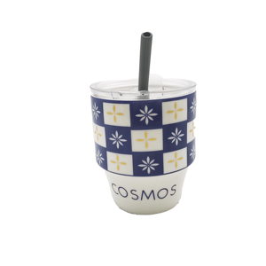 12oz Checkered Floral Pattern <b>Double</b> <b>Wall</b> Vacuum Insulated Stainless Steel Travel <b>Mug</b> with Splash-proof Straw Lid - Product Image 1