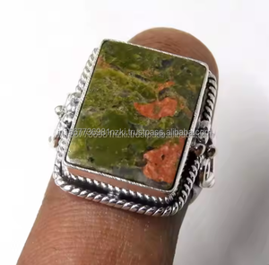 แหวนเงินแท้925อัญมณีสีเขียวแบบ unakite สำหรับงานเลี้ยงหมั้นงานแต่งงานครบรอบของขวัญที่สมบูรณ์แบบสำหรับ - Product Image 4