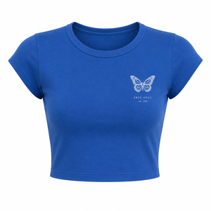 Camiseta Corta Azul para Mujer, Estilo Casual, Cuello Redondo, Manga Corta, Estampado de Mariposas, 100% Algodón, Primavera Verano - Product Image 1