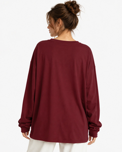 T-shirt surdimensionné à col en V et manches longues pour femme, grande taille, 100 % coton tricoté, avec logo frontal et épaules tombantes - Product Image 2
