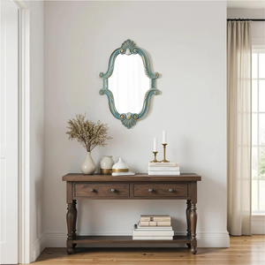 กระจกติดผนังรูปวงรีสไตล์วินเทจ ตกแต่งอย่างสวยงาม พร้อมกรอบไม้สีเขียวแกะสลักด้วยมือ เหมาะสำหรับห้องนั่งเล่น ห้องโถง ห้องน้ำ - Product Image 2