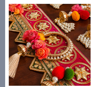 Traditional Indian Toran with Pink Lotus Beaded Tassels and Gold Embroidery for Diwali Entryway Decor Door Hanging - Product Image 3