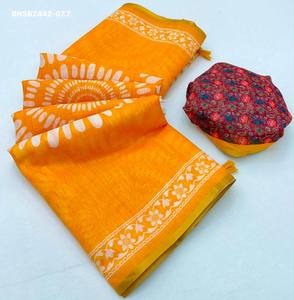Sari de Lino y Algodón de la Mejor Calidad con Estampado de Círculos Grandes Dispersos y Borde Zari - Blusa con Estampado Digital Multicolor, Exportador Indio - Product Image 5