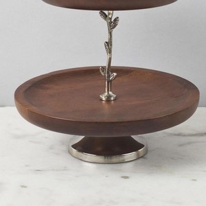 Soporte de pastel de madera de 2 niveles con base de metal plateado con diseño de hoja de roble, bandeja de servir escalonada, soporte decorativo para pastel para fiestas de té y decoración del hogar. - Product Image 5