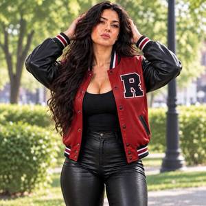 <b>Womens</b> Black Breathable <b>Varsity</b> Letterman Leather Wool <b>Bomber</b> <b>Jacket</b> Vintage College Baseball Streetwear Casual Gift - Product Image 2
