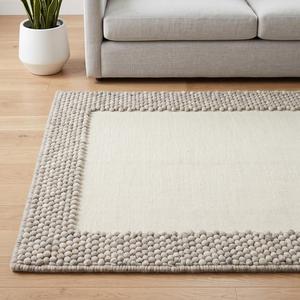 Tapis en boucle moderne antidérapant tissé à la main à poils moyens - Crème ivoire blanc cassé avec bordure grise en laine - Product Image 4