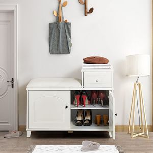 Legno bianco scarpa panca armadio con cuscino in PU ignifugo doppie porte e cassetto mobile per ingresso porta - Product Image 1