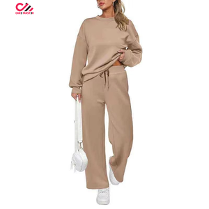 Ensemble de survêtement pour femmes, couleur unie, col rond, manches longues, coupe ample, pantalon à cordon de serrage, 100% coton, vêtements décontractés d'automne - Product Image 2