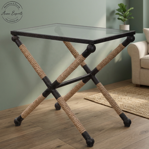 Modern Contemporary Foldable Iron Frame Wrapped in Rope With Glass Top Used for <b>Sofa</b> Side Living Room Interior Garden Decor - Product Image 1