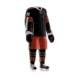 Ensemble uniforme de hockey sur glace pour hommes, noir et rouge rayé, manches courtes, jersey en coton/fibre de bambou anti-humidité, pantalon, patins, anti-UV - Product Image 1