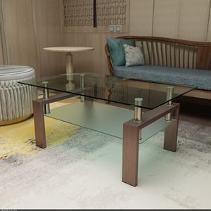 Modern Rectangle Glass Coffee <b>Table</b> 38.6" <b>Clear</b> Tempered Top MDF Walnut Living Room Home Bar - Product Image 1