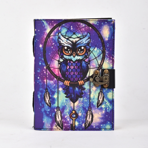 Colorful Galaxy Owl Dreamcatcher Leather Journal With 100 Pages | <b>A5</b> Lock <b>Diary</b> Boho Cosmic Theme Writing Notebook Gift Journal - Product Image 1