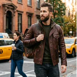 Blouson aviateur en cuir véritable marron pour homme, style vintage classique, avec fermeture éclair sur le devant, poignets côtelés et deux poches à rabat. - Product Image 1