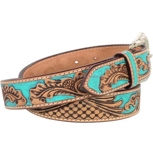 Cinturón de herramientas de cuero occidental personalizado al por mayor para cinturón de cuero con relieve floral turquesa tallado a mano unisex - Product Image 6