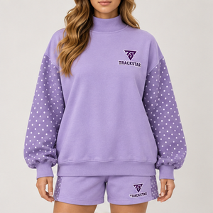 Ensemble 2 pièces pour femme en molleton lavande à pois, col montant, sweat-shirt à épaules tombantes et short assorti, vente en gros personnalisée - Product Image 1