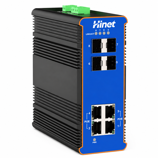 Industrial PoE Switch 4 Port Gigabit RJ45 4 SFP Uplink Console DIN Rail 52V High Power Ethernet Network Switch