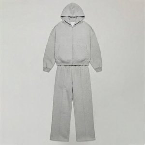 Nouvel Arrivage Survêtement Gris à Capuche avec Logo Personnalisé, Pantalon de Survêtement Long Couleur Unie Décontracté avec Poches Latérales et Fermeture Éclair, Coupe Ample - Product Image 1