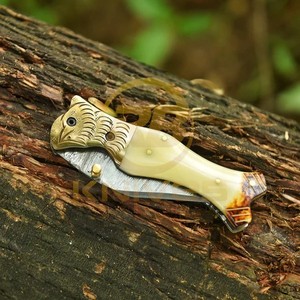Factory Wholesale Damascus Folding <b>Knife</b> with Genuine <b>Bone</b> <b>Handle</b> Handmade Outdoor Survival Hunting Pocket <b>Knife</b> - Product Image 6